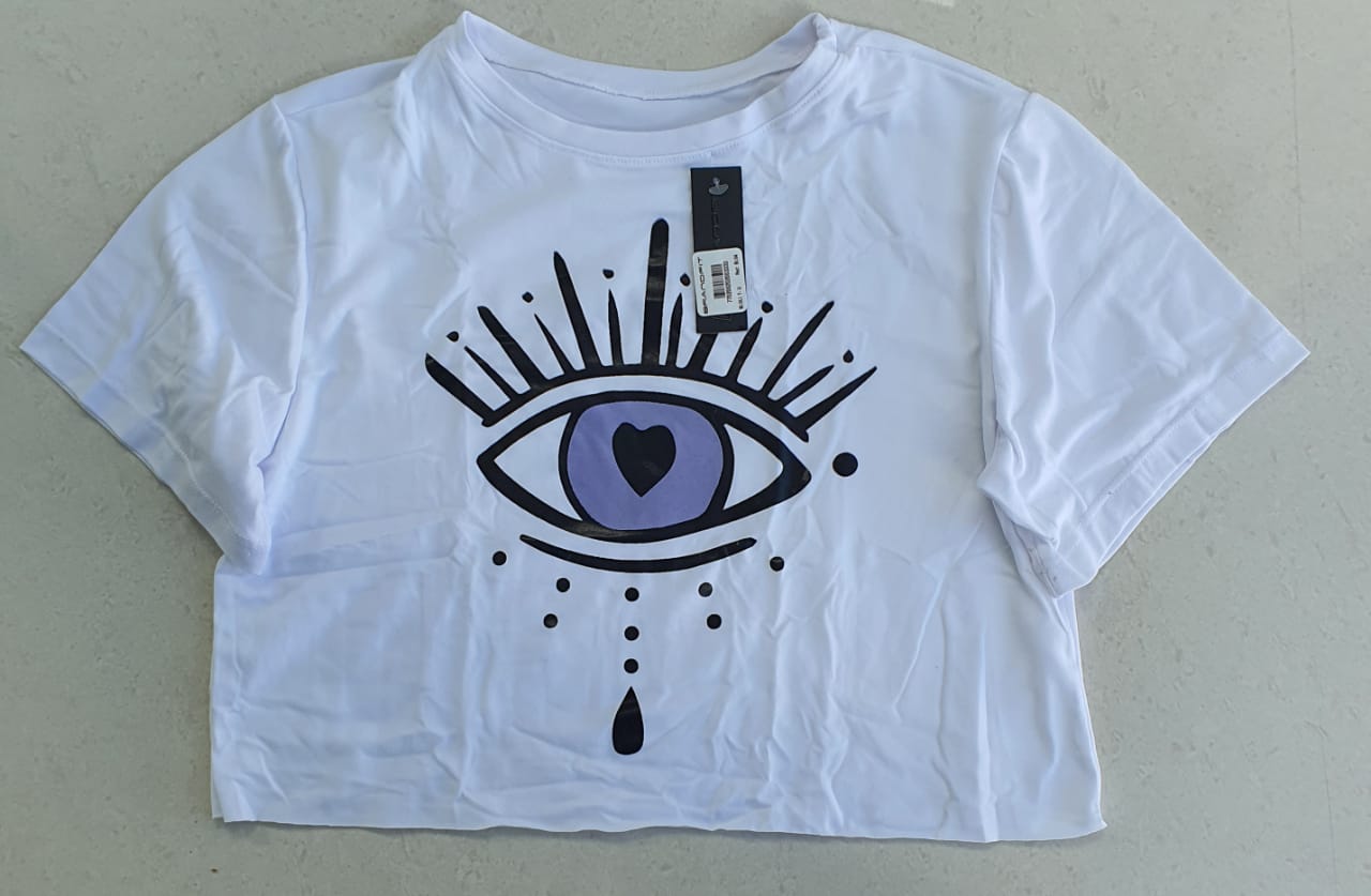 BLUSA / TOP CROP COLOMBIANO OJO TURCO BLANCO/ MORADO